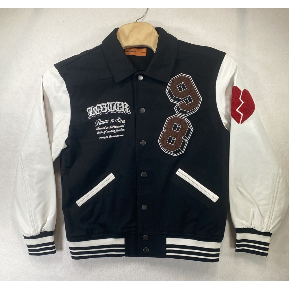 Loiter Size Large Varsity Jacket Black White "Flaws n Sins" 98 patches C130